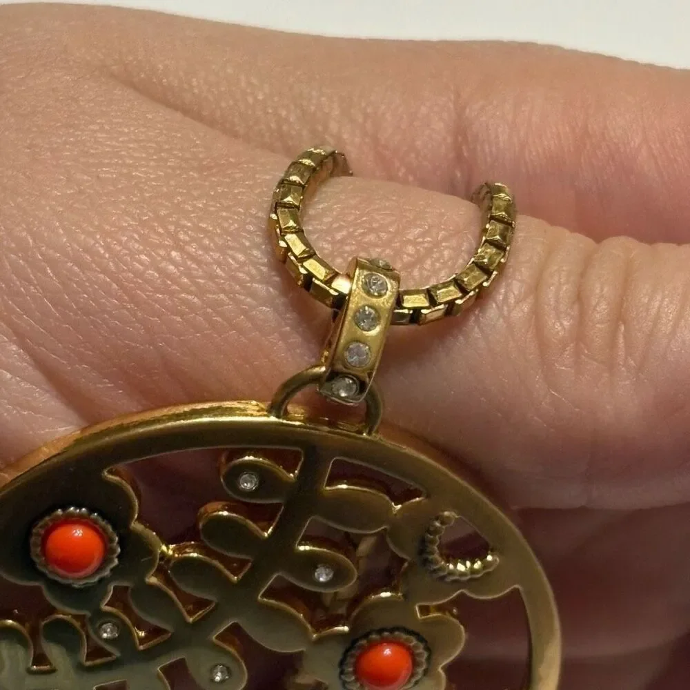 Brighton “Francesca” Brushed Gold Necklace Gold Coral Red Round Pendant Chain